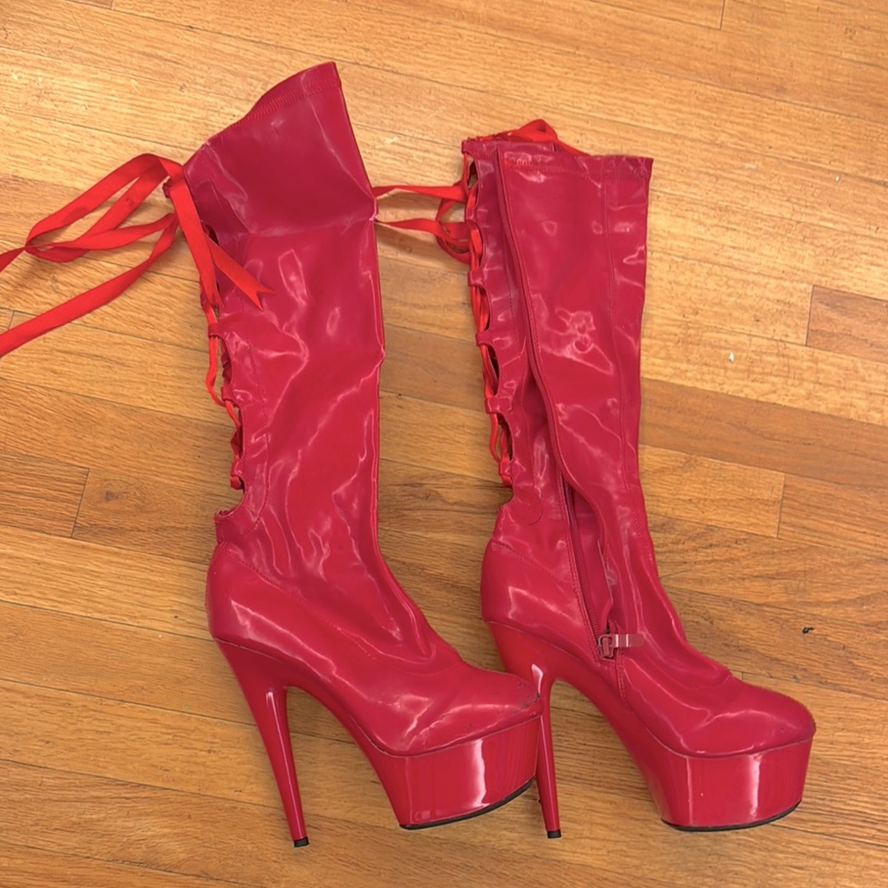 6” Heels Red Platform Knee High Back Lace-Up Women's Boots Ellie Shoes 7